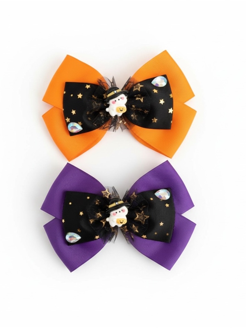 New BUNDLE of 2 Girls 5 Inch Halloween Ghost Bling Hair Bows Hair Accessories